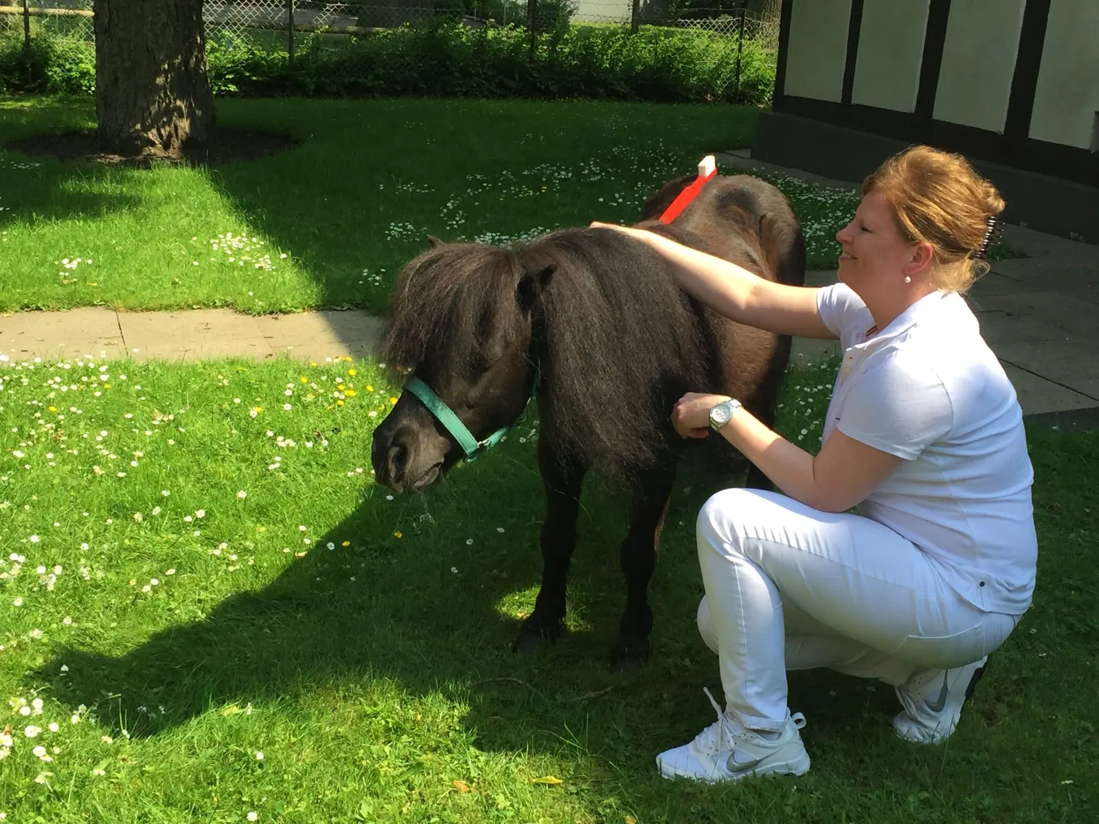 Frau in weißer Praxiskleidung mit einem Pony im Garten des Fachwerkhauses
